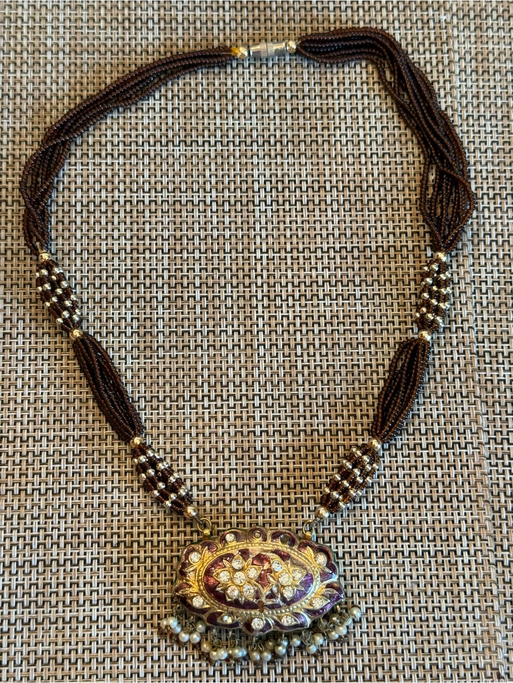 India Enamel Brown Beaded Necklace with Ornate Floral Pendant (reversible)